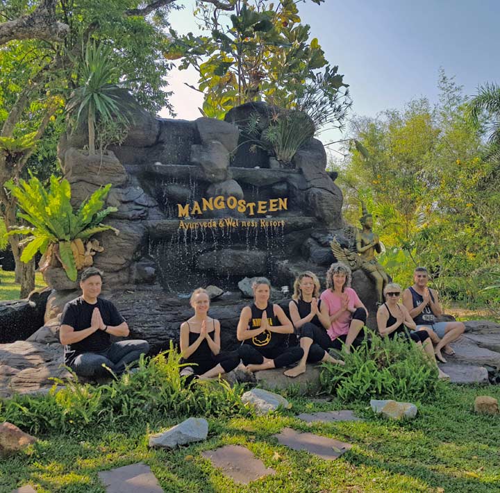 Morning Yoga Session, Ayurveda, Wellness, Yoga Retreats Phuket Thailand, Vegetarian, Vegan, Organic Healthy Food And Drinks At Mangosteen Ayurveda & Wellness Resort, Rawai, Phuket.