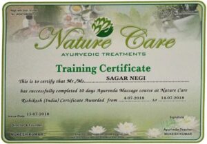 Certificat de traitements ayurvédiques Sagar Negi