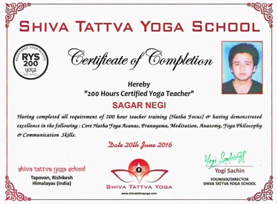 TTC 200 Heures Professeur de Yoga Sagar Negi