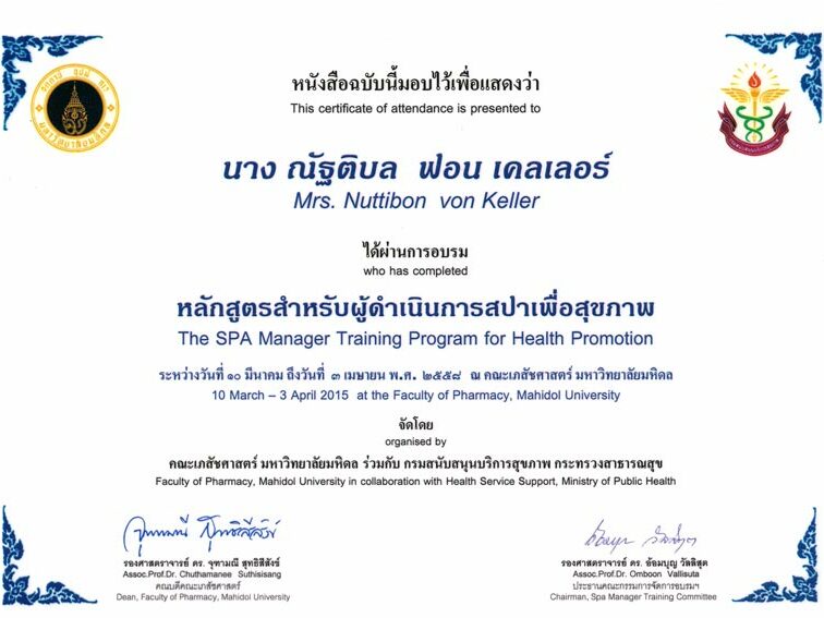 Nuttibon Von Keller Spa Manager Certificate